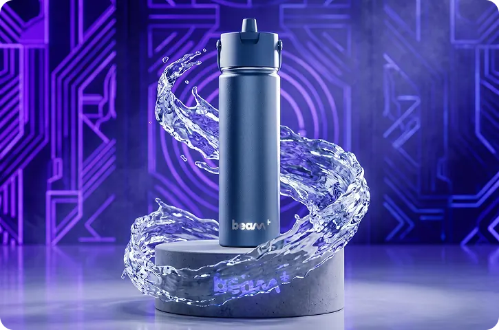 UVBrite Beam+ bottle surrounded by swirling clean water
